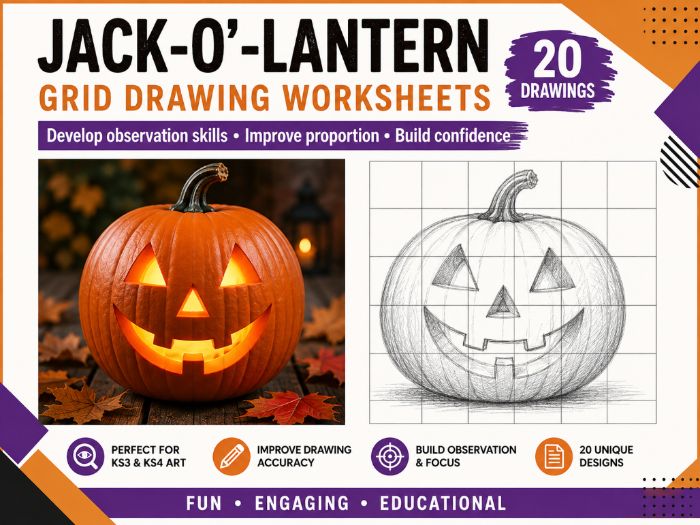 Halloween Jack-o’-Lantern Grid Drawing Worksheets | 20 Pumpkin Drawing Activities | KS3 KS4 Art