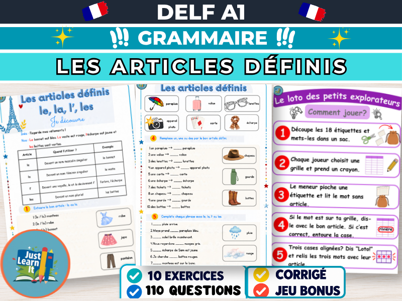 DELF A1 | Articles Définis | Le, La, L', Les Worksheets & Bingo | French Grammar