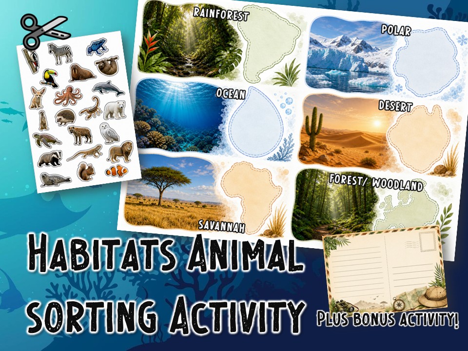 Animal Habitats Cut & Stick Activity + Postcard Extension