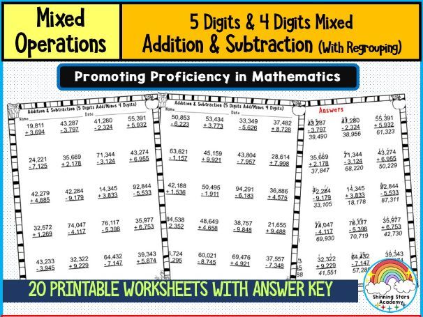 5-Digit & 4-Digit Mixed Addition & Subtraction With Regrouping Worksheets | Borrowing and Carrying P