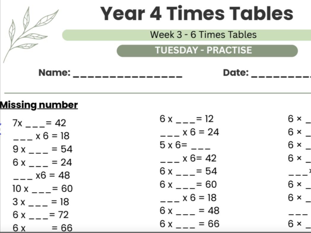 Year 4 Times table practise 3x, 6x, 9x | 3 weeks- practise,  game and test