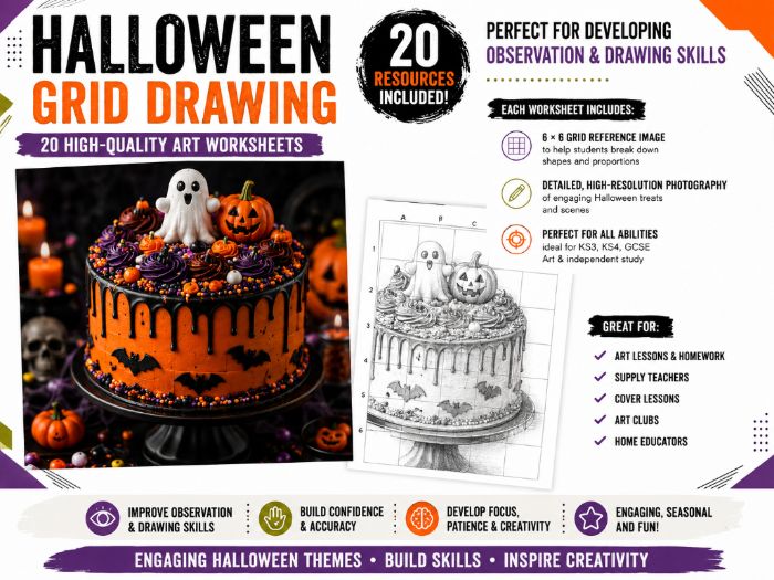 Halloween Treats Grid Drawing Worksheets | 20 Art Activities | KS3 KS4 GCSE Art