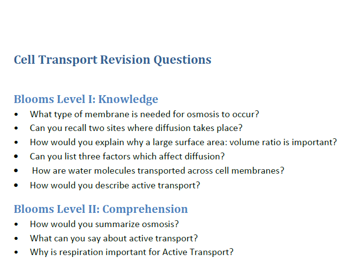 Cell Transport Questions Categorized According to Blooms Taxonomy