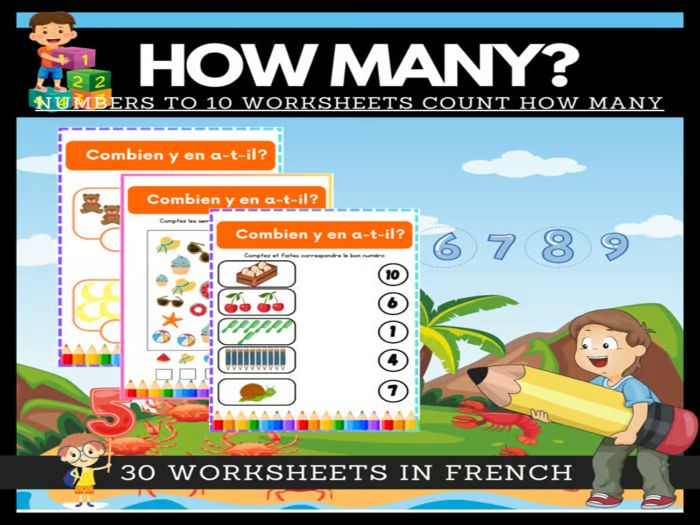 How many? Worksheets Count How Many / Printables, Kindergarten/Version in French