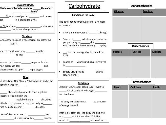 Food & Nutrition Carbohydrate Gap fill worksheet