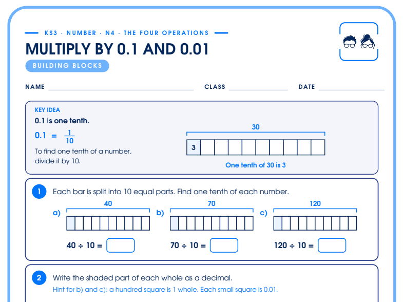 Multiplying by 0.1 and 0.01 | 4-Tier Differentiated Worksheet | KS3 Decimals + Answers