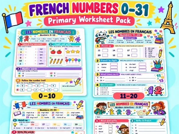 French Numbers 0–31 | Colourful Primary Worksheets | KS1 & KS2
