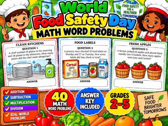 World Food Safety Day Math Word Problems | 40 Printable Worksheets with Answer Key