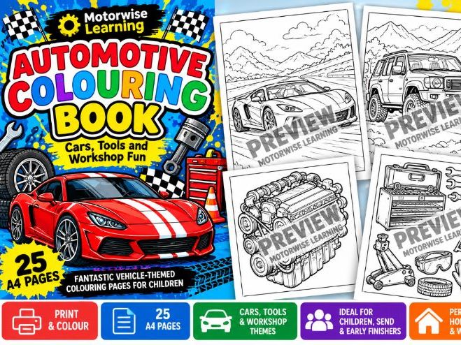 Automotive Colouring Book | Cars, Tools & Workshop Printable Activity Pack