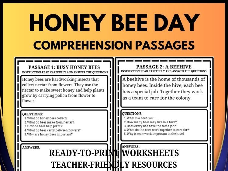 Honey Bee Reading Comprehension | 20 Passages, Questions & Answers | Grades 2–8