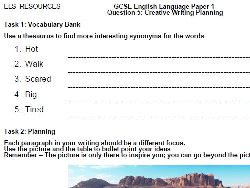 AQA GCSE English Language Paper 1 Question 5 Creative Writing Planning Sheet