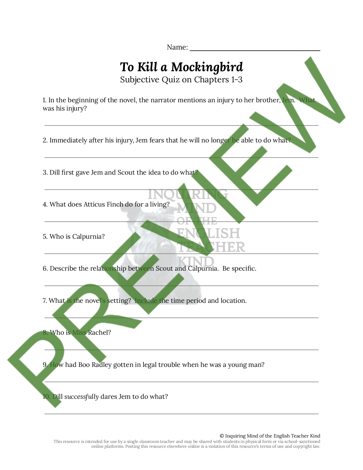 To Kill a Mockingbird Chapters 1-3 Quiz and Answer Key | Teaching Resources