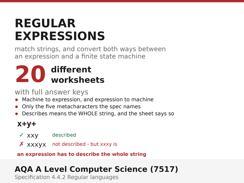 Regular Expressions & Regular Languages | AQA A Level Computer Science 7517 | 20 Worksheets + Answer