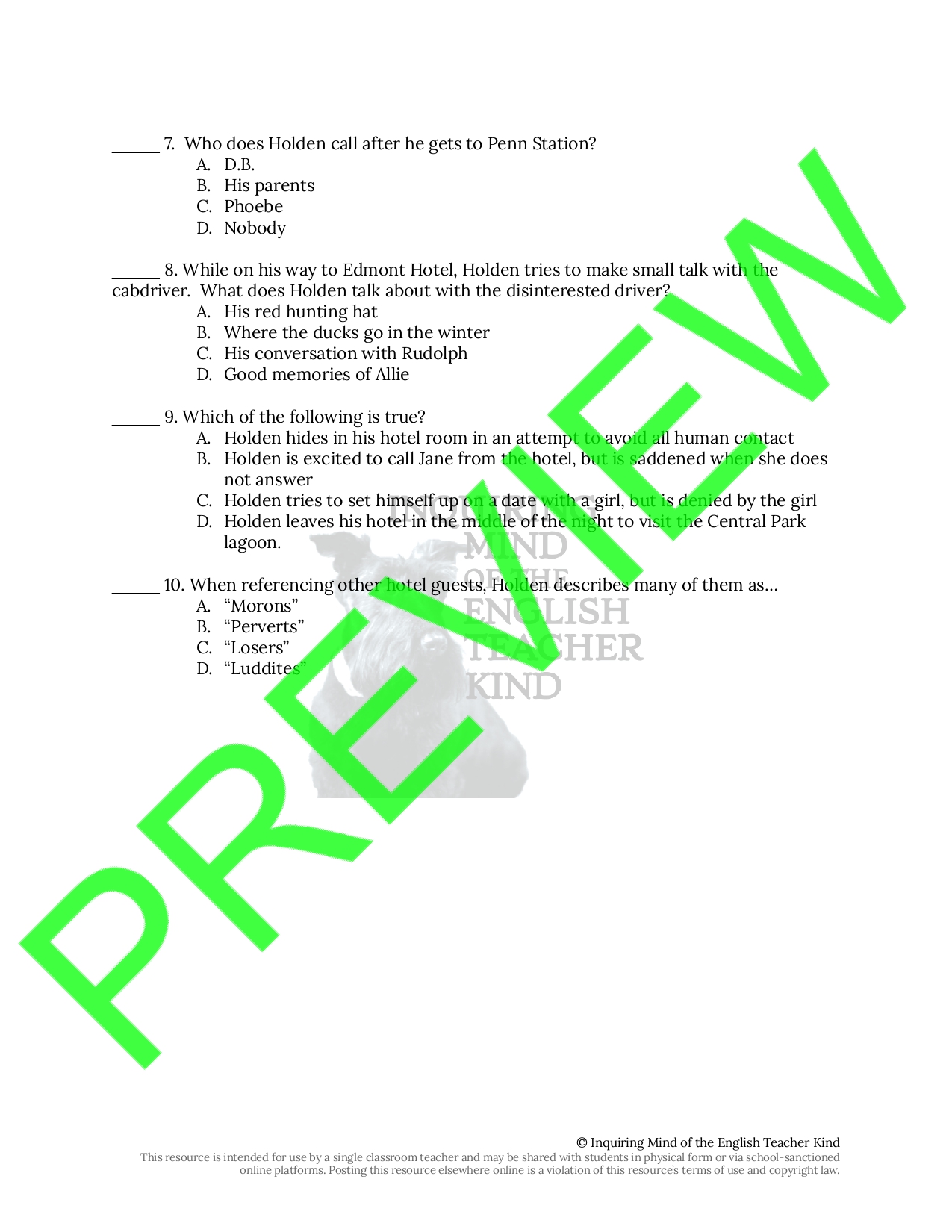 Catcher in the Rye Chapters 79 Quiz and Answer Key Teaching Resources