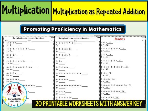 Multiplication as Repeated Addition (1–9) Worksheets Math Problems
