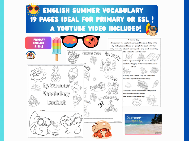 ENGLISH SUMMER VOCABULARY/ COLOURING PAGES AND WORKSHEETS/ESL &PRIMARY