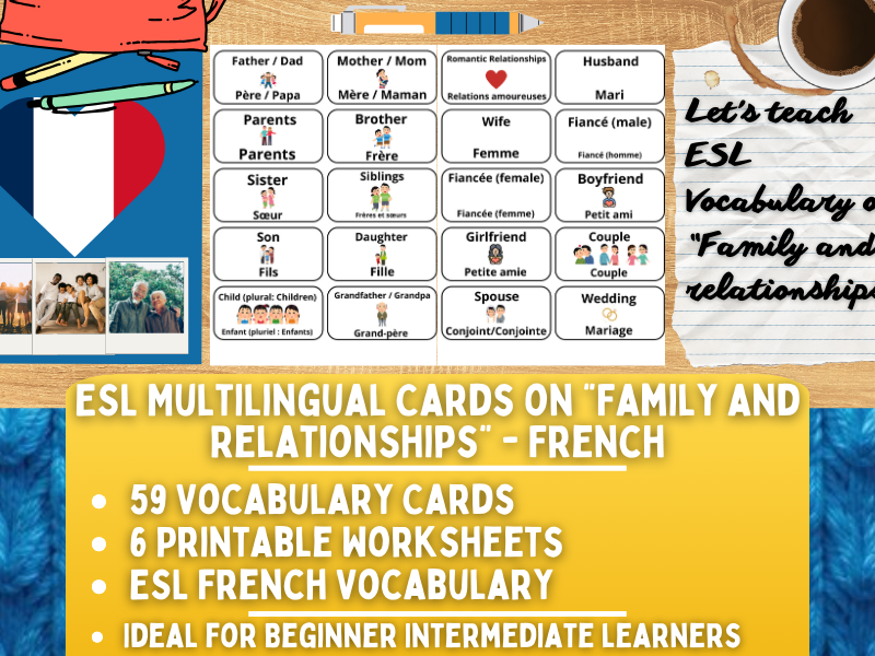 ESL Multilingual Vocabulary Flashcards - Family and Relationships - French