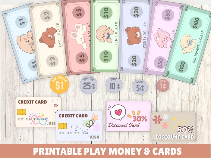 Pretend Play Money for kids, Math money learning