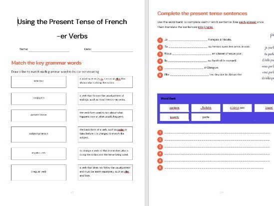 French - Year 7/8  - S2  -ER Verbs _  Present  Tense_ Practice Worksheet