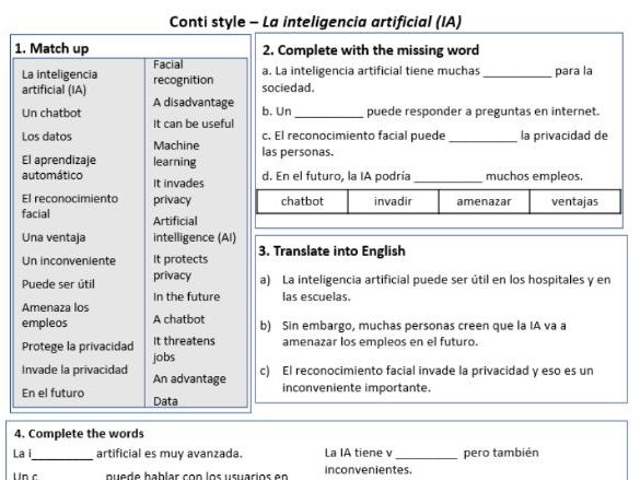 Artificial Intelligence in Spanish – Conti-Style Vocabulary & Practice Worksheet