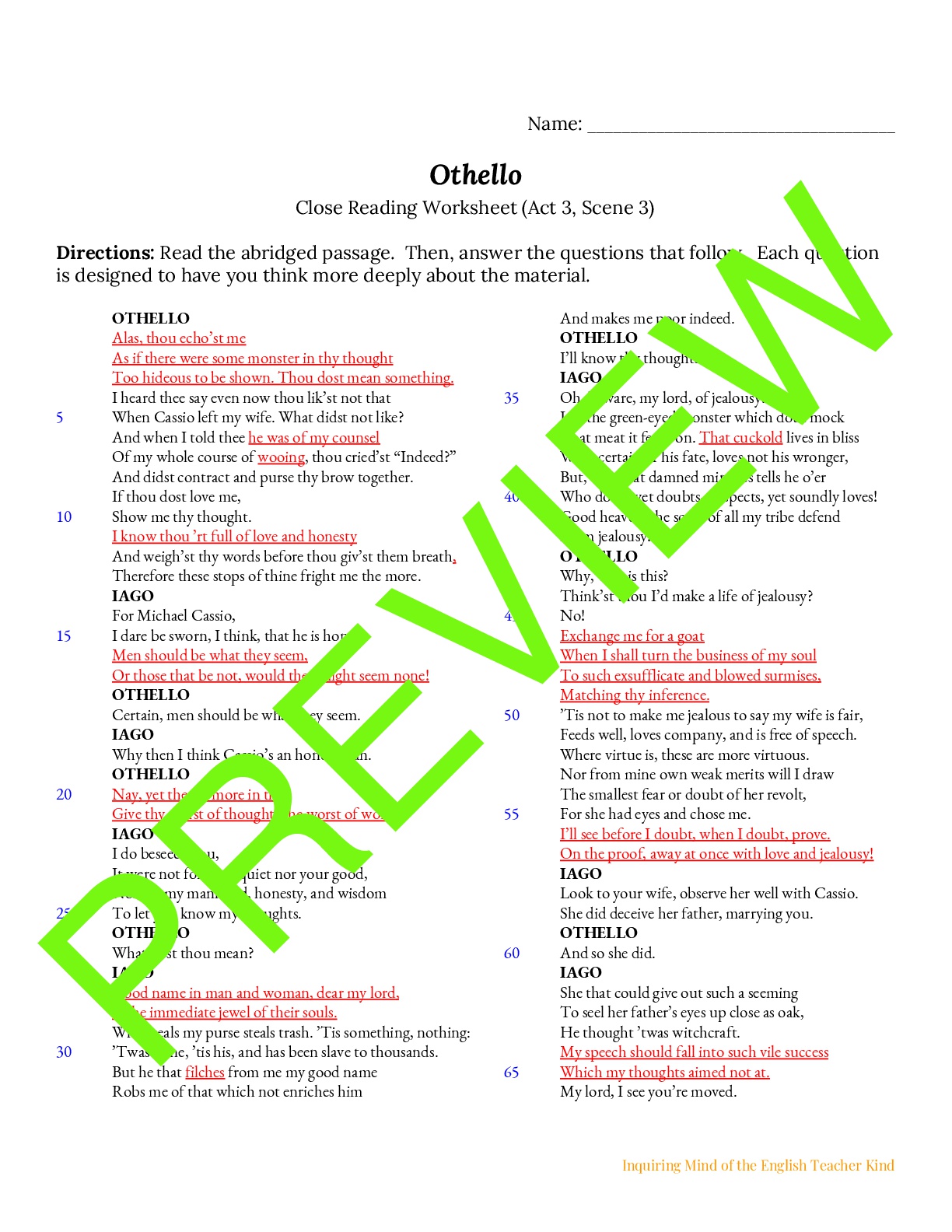 Othello Close Reading Worksheet Act 3 Scene 3 Teaching Resources Othello Close Reading Worksheet Act 3 Scene 3 Teaching Resources