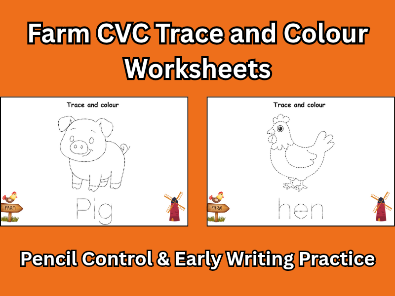 Farm CVC Trace and Colour Worksheets | Pencil Control & Early Writing Practice