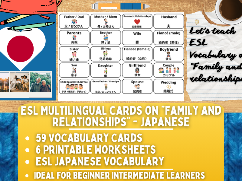 ESL Multilingual Vocabulary Flashcards on "Family and Relationships" - Japanese