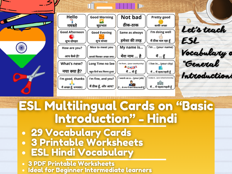 ESL Multilingual Vocabulary Flashcards - General Introductions - Hindi