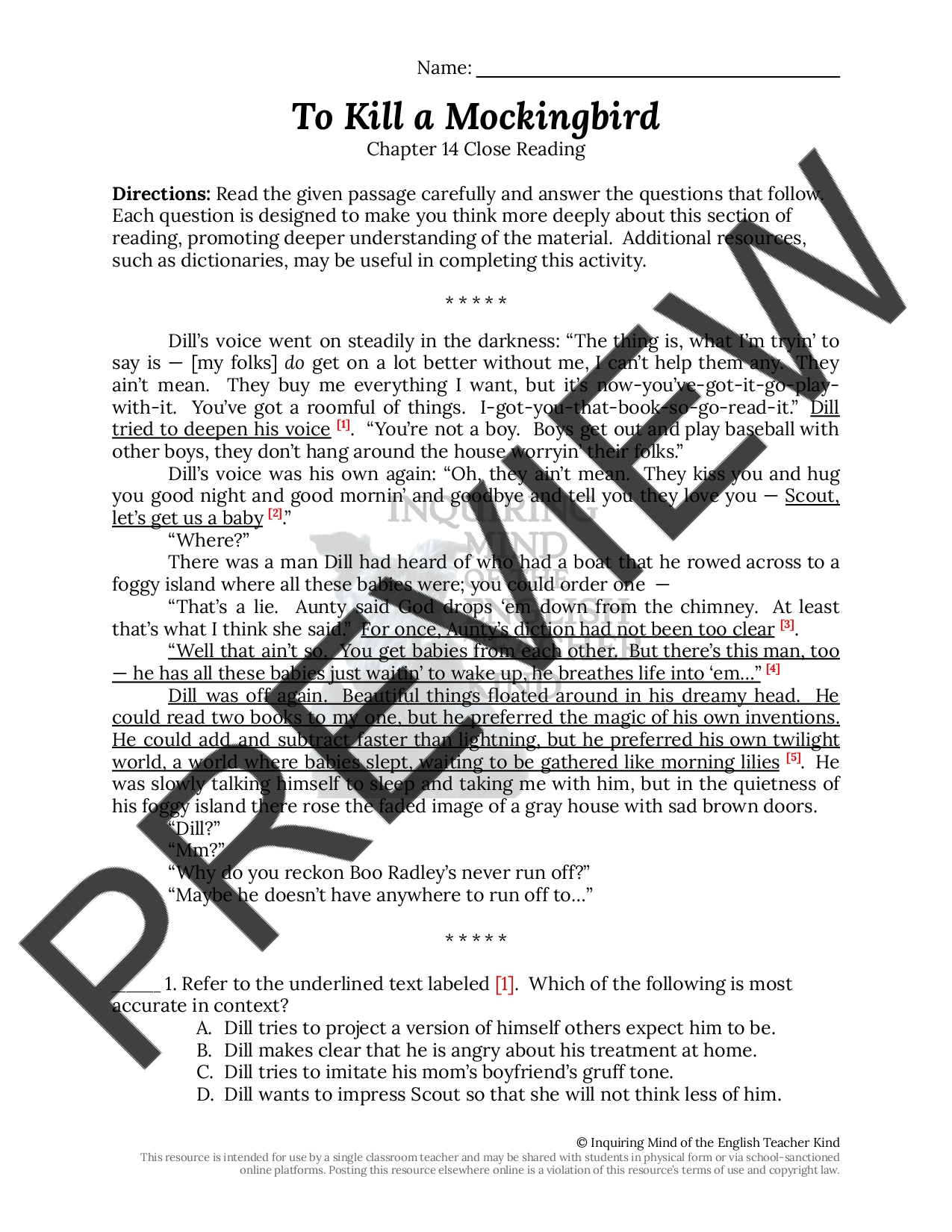 To Kill a Mockingbird Chapter 14 Close Reading Worksheet Teaching Resources