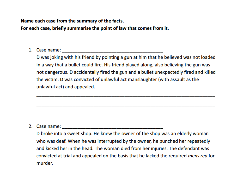 Fatal offences - Name the case (OCR A-level law)