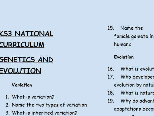 KS3 Science Retrieval Practice – Genetics and Evolution (30 Questions + Answers)