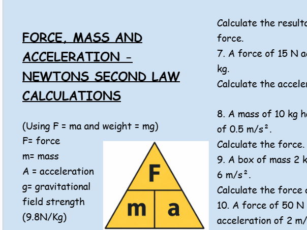 Force, mass and acceleration (F=ma) calculations