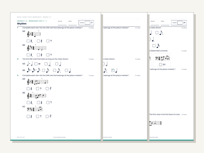 Grades 1–2 Music Theory Worksheets: Rhythm & Time Signatures (20 + Answers)