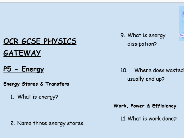 OCR GCSE Physics P5 Retrieval Practice – Low-Stakes Questions on Energy, Work and Efficiency