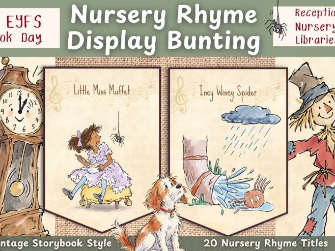 EYFS Nursery Rhyme Bunting Display, Reading Corner, Book Day, Vintage Story Book Style, Traditional