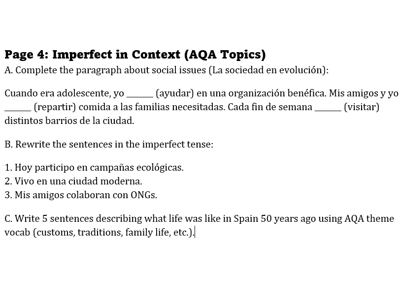 Imperfect Tense A Level Spanish workbook
