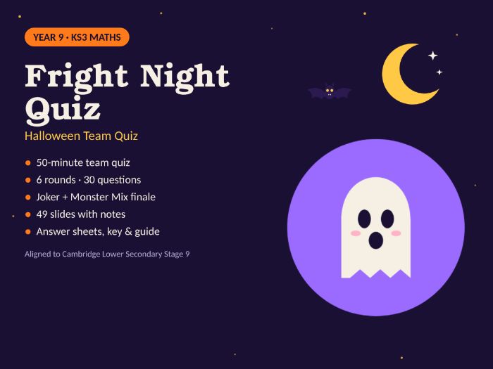 Halloween Maths Quiz Year 9 – Team PowerPoint Quiz, 6 Rounds + Answer Sheets (Cambridge Stage 9)