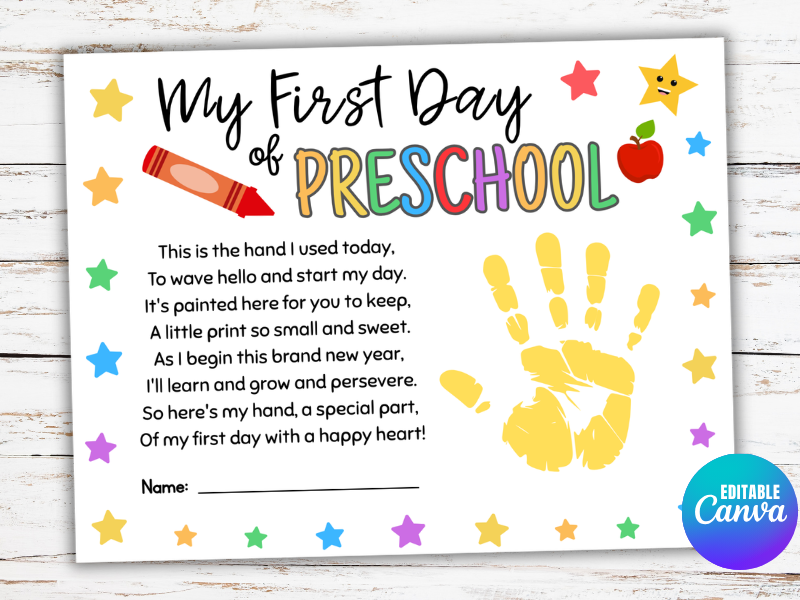 First Day of Preschool Handprint Poem Craft Back to School - Preschool Craft