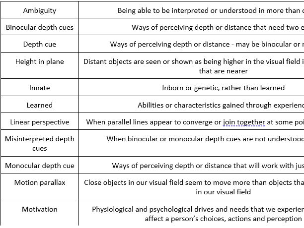 GCSE Psychology Perception Unit Keywords