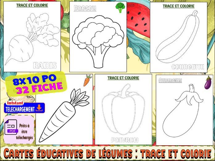 Cartes éducatives de légumes -trace et colorie
