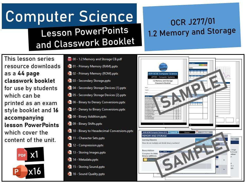 OCR GCSE Computer Science (J277) 1.2 Memory and Storage Lesson PowerPoints and Classwork Booklet.