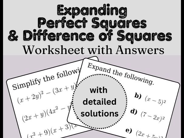 Expanding Perfect Squares & Difference of Squares Worksheet with Answers
