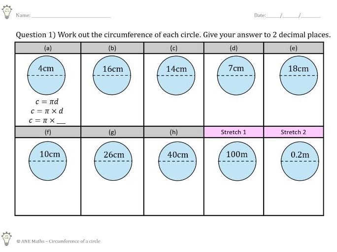 Circumference of a Circle Worksheet