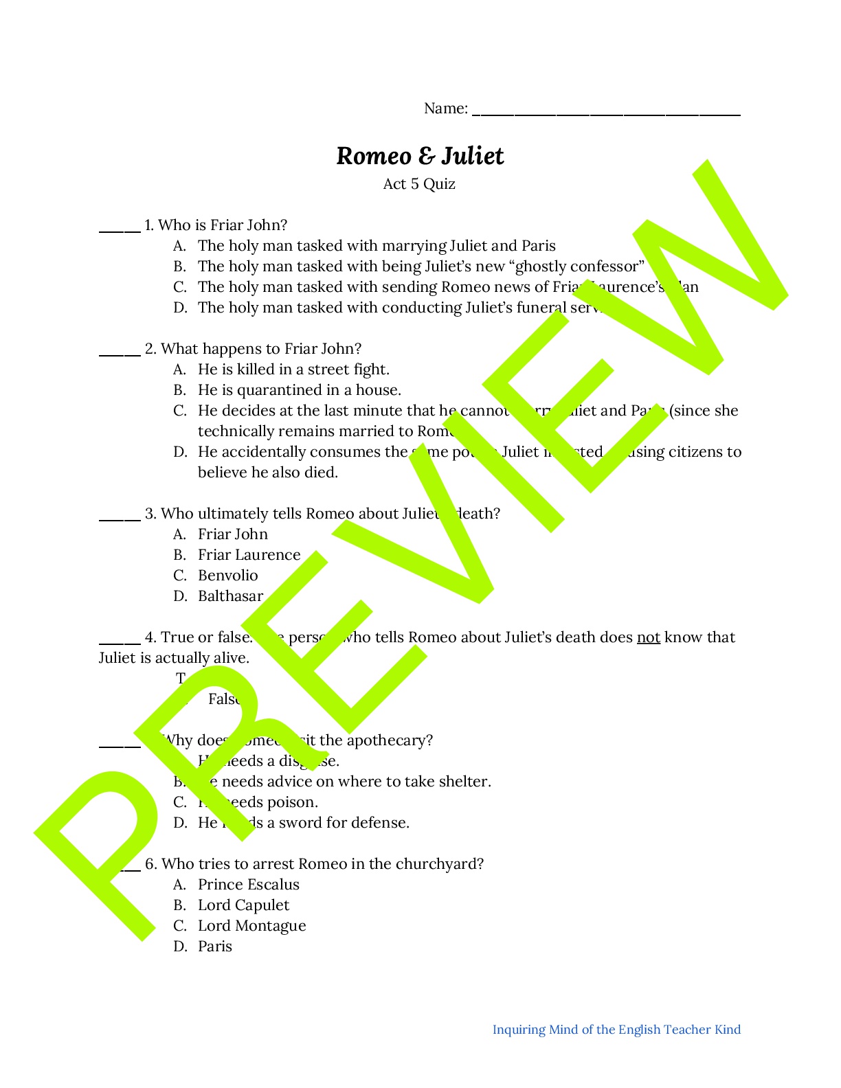 Romeo & Juliet Comprehension Quiz Act 5 Teaching Resources
