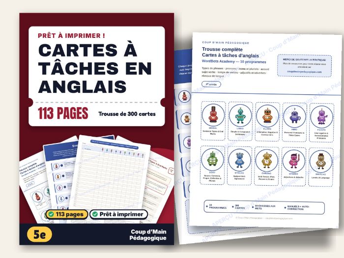 ESL Task Cards Grade 5 English Grammar for French Speakers | WordBots Academy