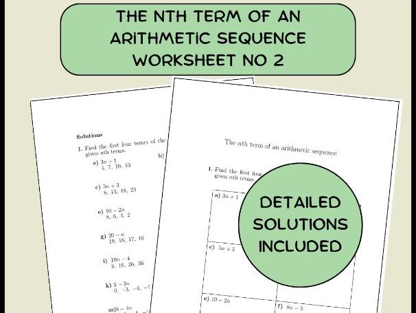 The nth term of an arithmetic sequence worksheet no 2 (with solutions)