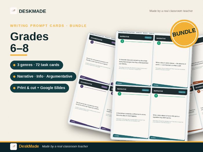 Writing Prompt Cards Bundle | All 3 Genres | Grades 6–8 | IB MYP