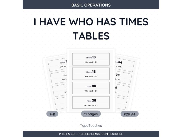 I Have Who Has Times Tables | 11 Sheets