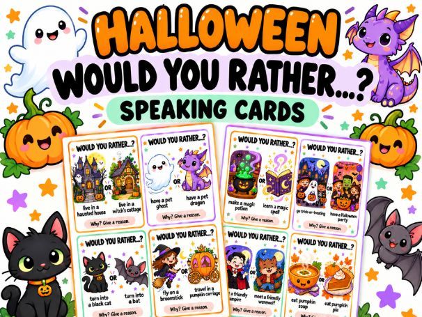 Halloween Would You Rather? | 12 Illustrated Speaking Cards
