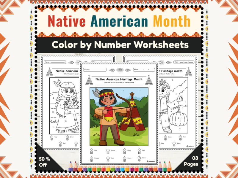 Native American Heritage Month Color by Number Worksheets